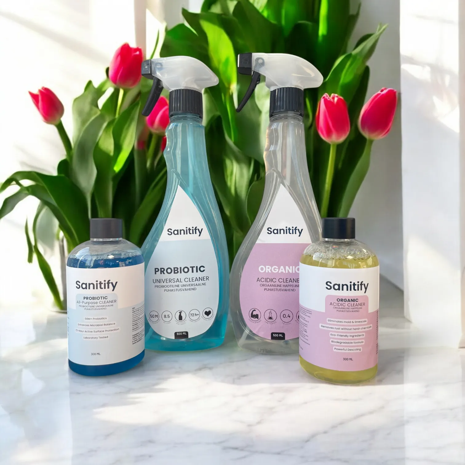 Sanitify microbiome-safe two-step cleaning set with two spray bottles