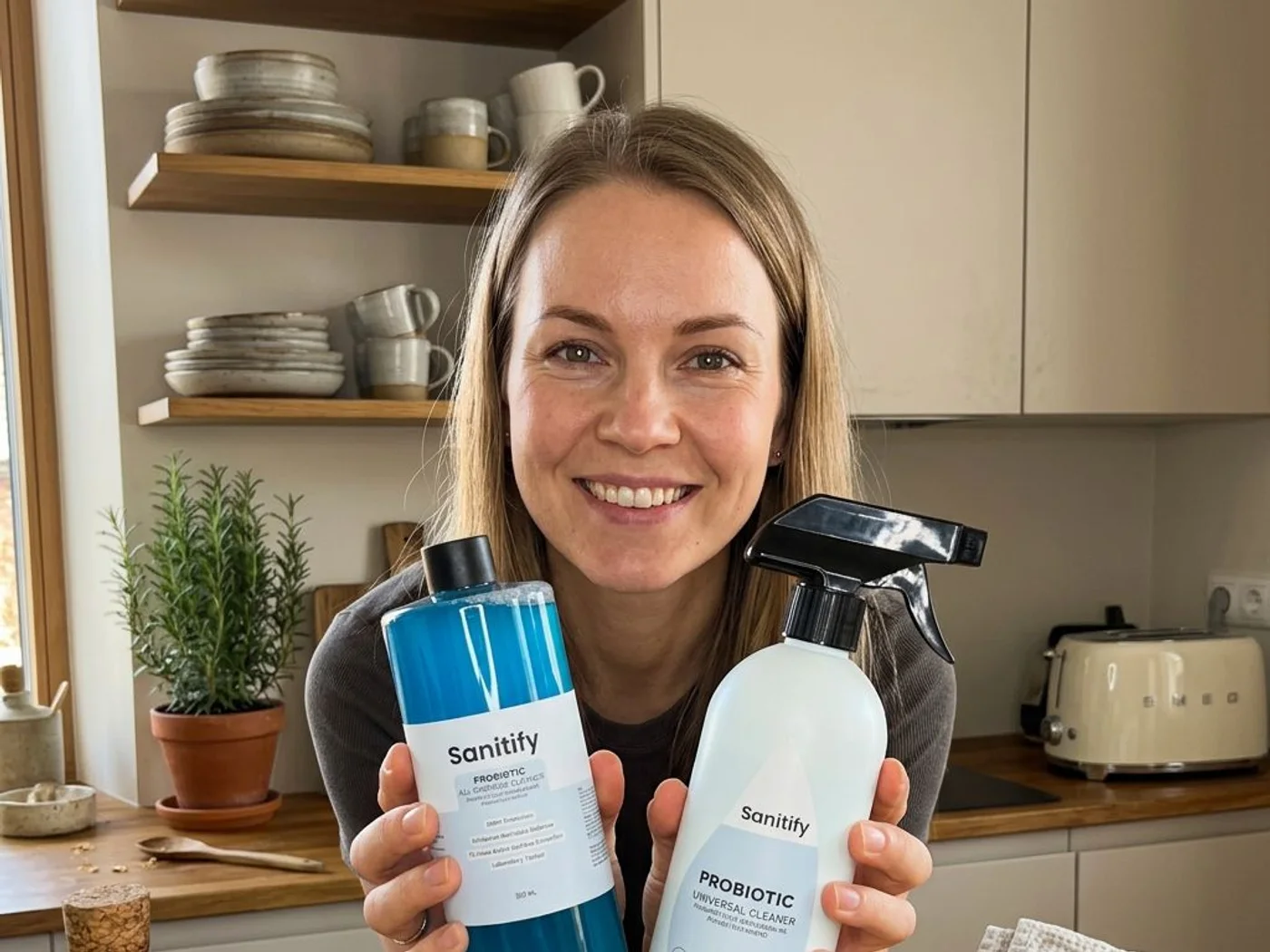 Woman in a kitchen holding a 500 ml Sanitify probiotic cleaner concentrate next to a ready-to-use spray bottle