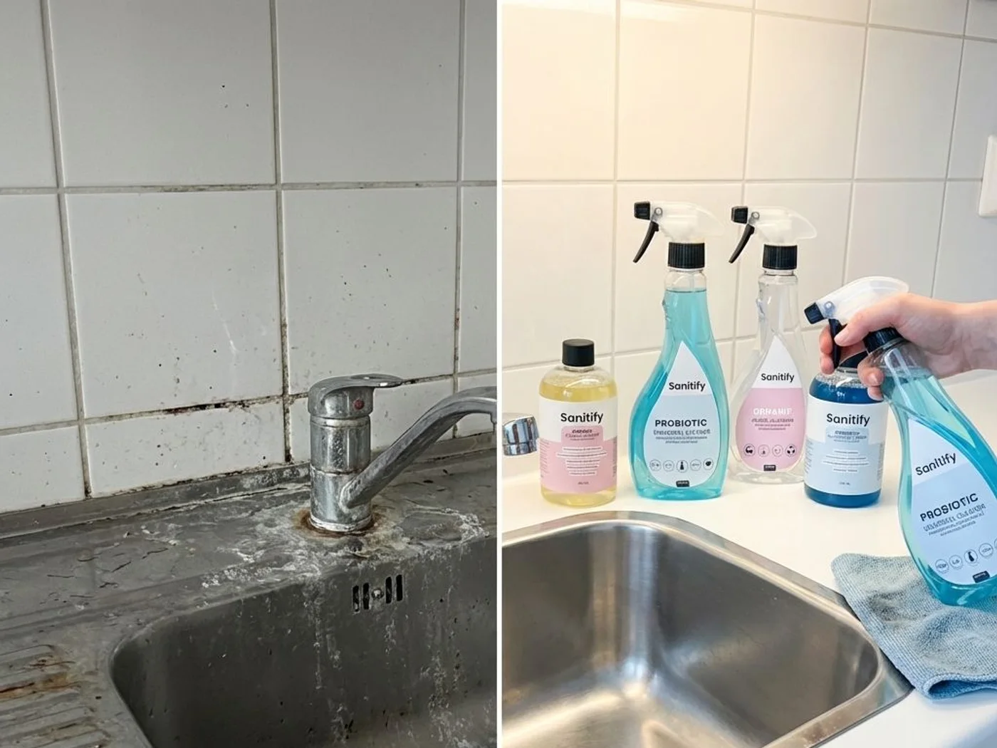 Before and after: a moldy kitchen sink fully restored using the Sanitify 2-step probiotic mold removal set